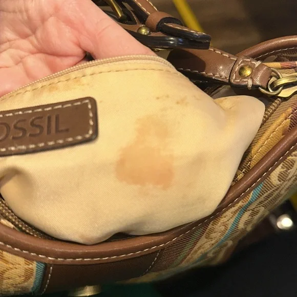 Fossil Shoulder Bag Brown Leather Monogram and Striped Canvas - Picture 14 of 15